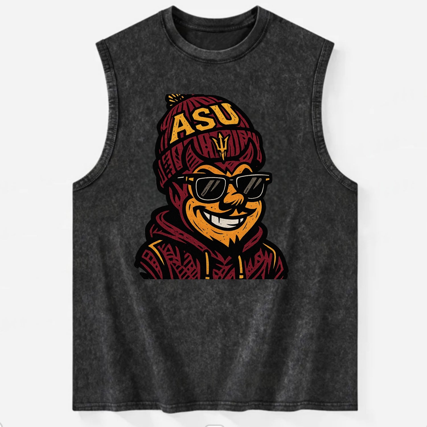 Tempe Sparky wearing Arizona State beanie with fork patch - Vintage Washed Tank - Black