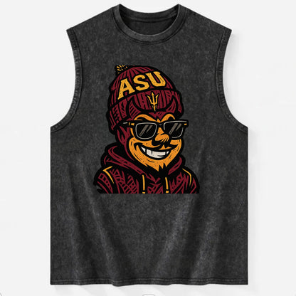 Tempe Sparky wearing Arizona State beanie with fork patch - Vintage Washed Tank - Black
