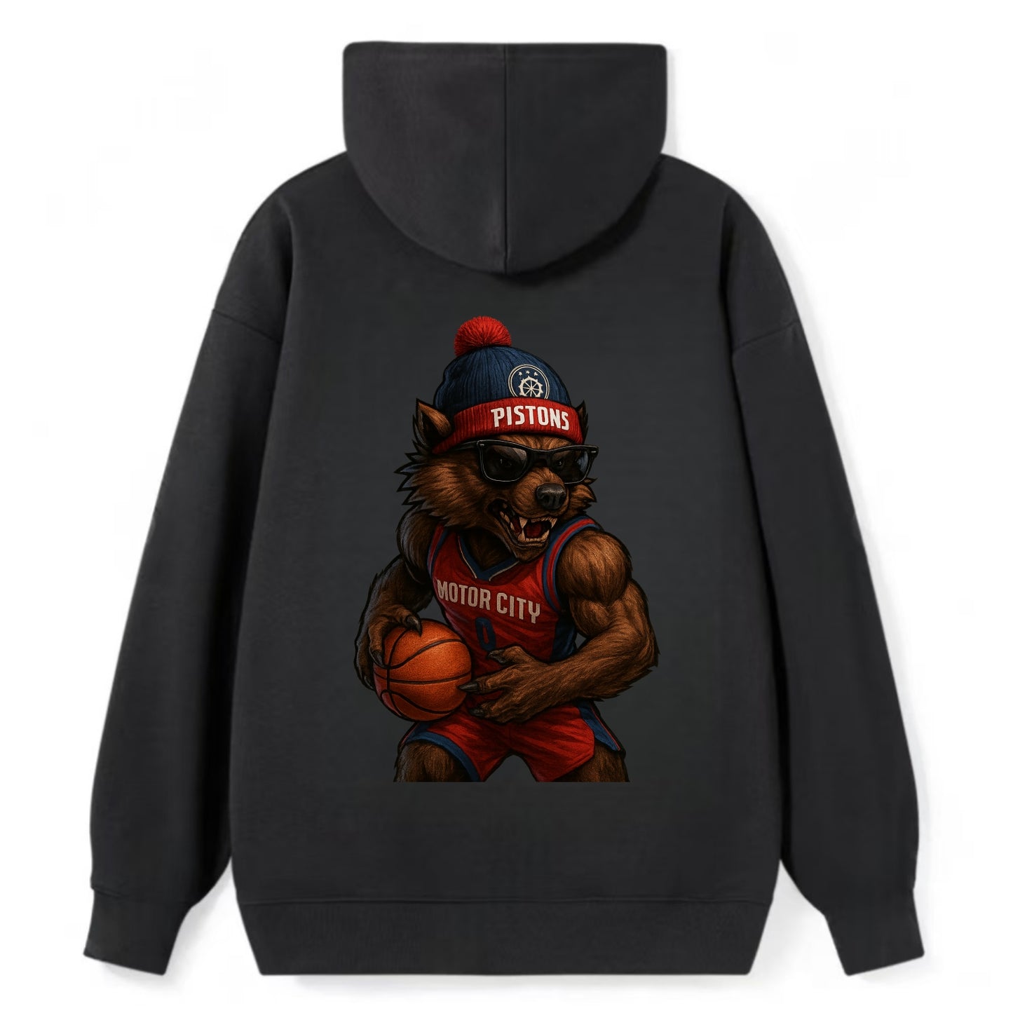 Motor City Wolverine wearing Pistons beanie with gear patch and wayfarer - Classic Pullover Hoodie - Black