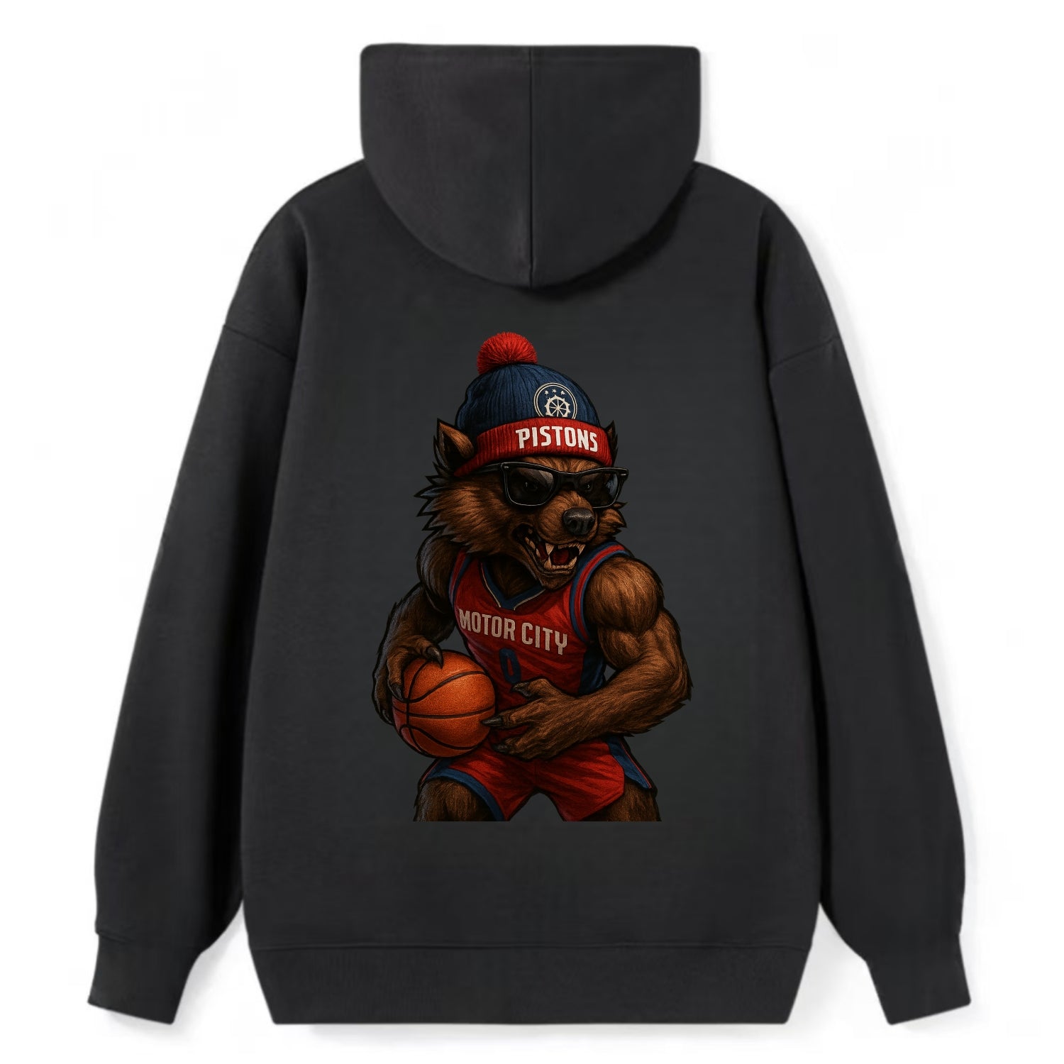Motor City Wolverine wearing Pistons beanie with gear patch and wayfarer - Classic Pullover Hoodie - Black