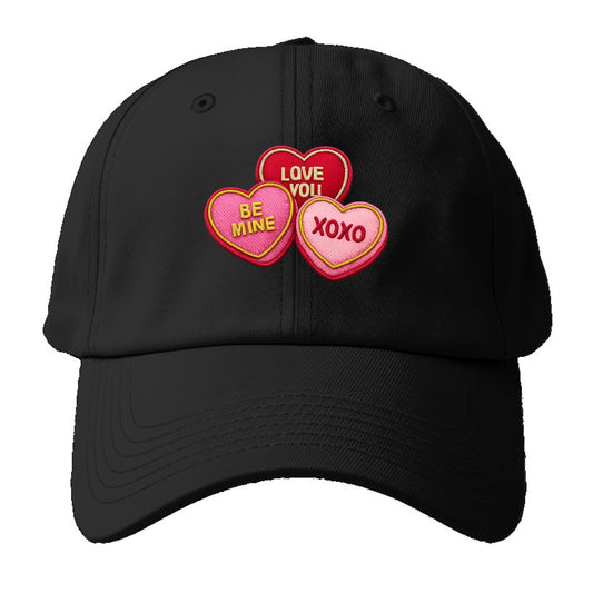 VALENTINES HEARTS - candy hearts in pink and red , love day - Baseball Cap - Black