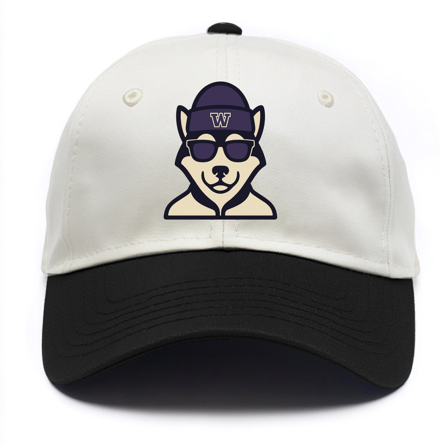 Seattle Husky wearing Washington beanie with W patch - Two Tone Cap - Black