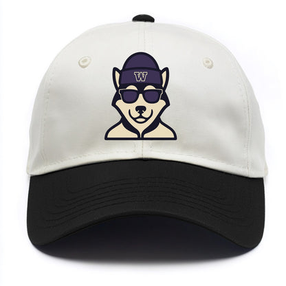 Seattle Husky wearing Washington beanie with W patch - Two Tone Cap - Black