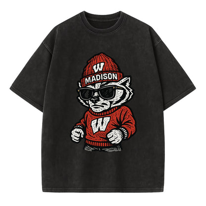 Madison Badger wearing Wisconsin beanie with motion W patch - Vintage T-shirt - Black