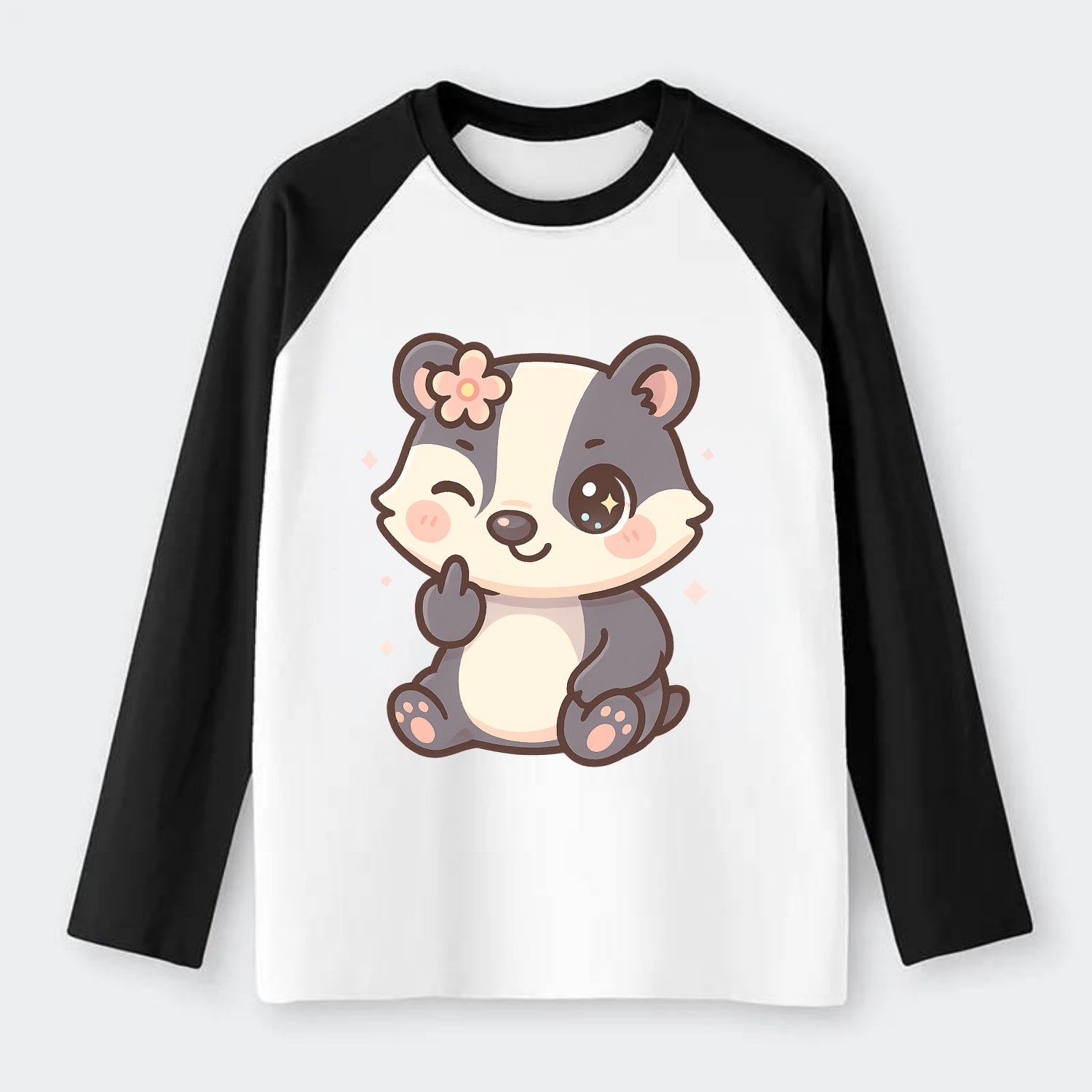 adorable badger with black and white stripes, one paw giving finger - Raglan Long Sleeve T-Shirt - Black