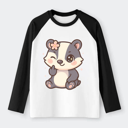 adorable badger with black and white stripes, one paw giving finger - Raglan Long Sleeve T-Shirt - Black