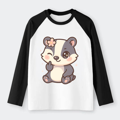 adorable badger with black and white stripes, one paw giving finger - Raglan Long Sleeve T-Shirt