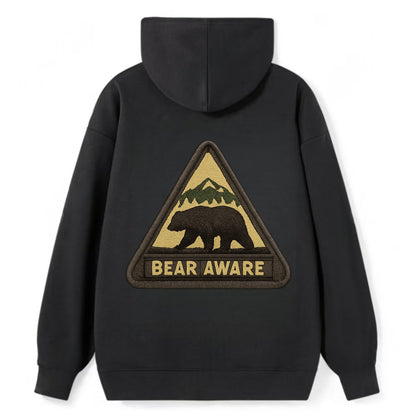BEAR AWARE - bear silhouette warning in brown and yellow , wilderness - Classic Pullover Hoodie - Black