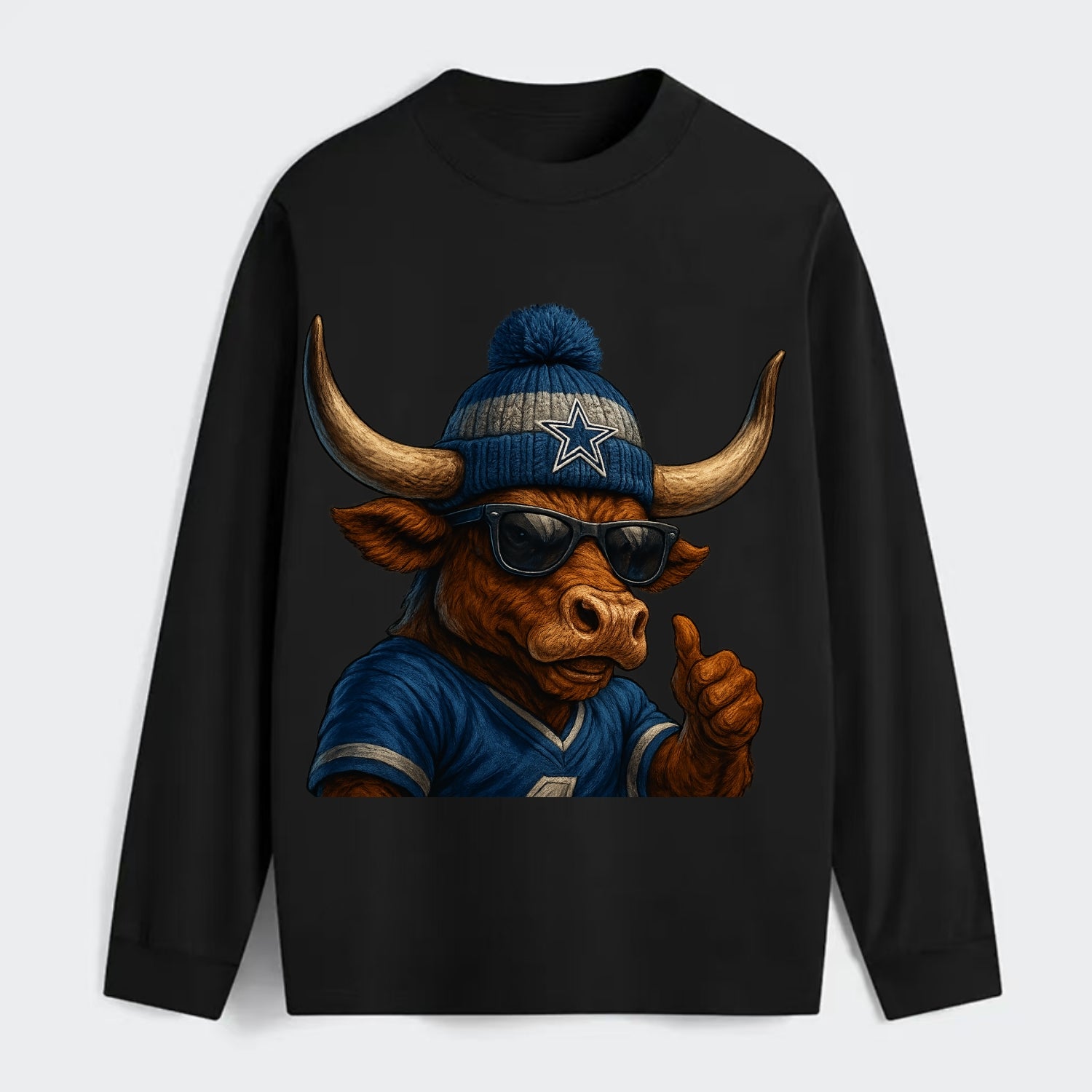 Texas Longhorn wearing Cowboys silver and blue beanie with star and - Classic Long Sleeve Shirt - Black