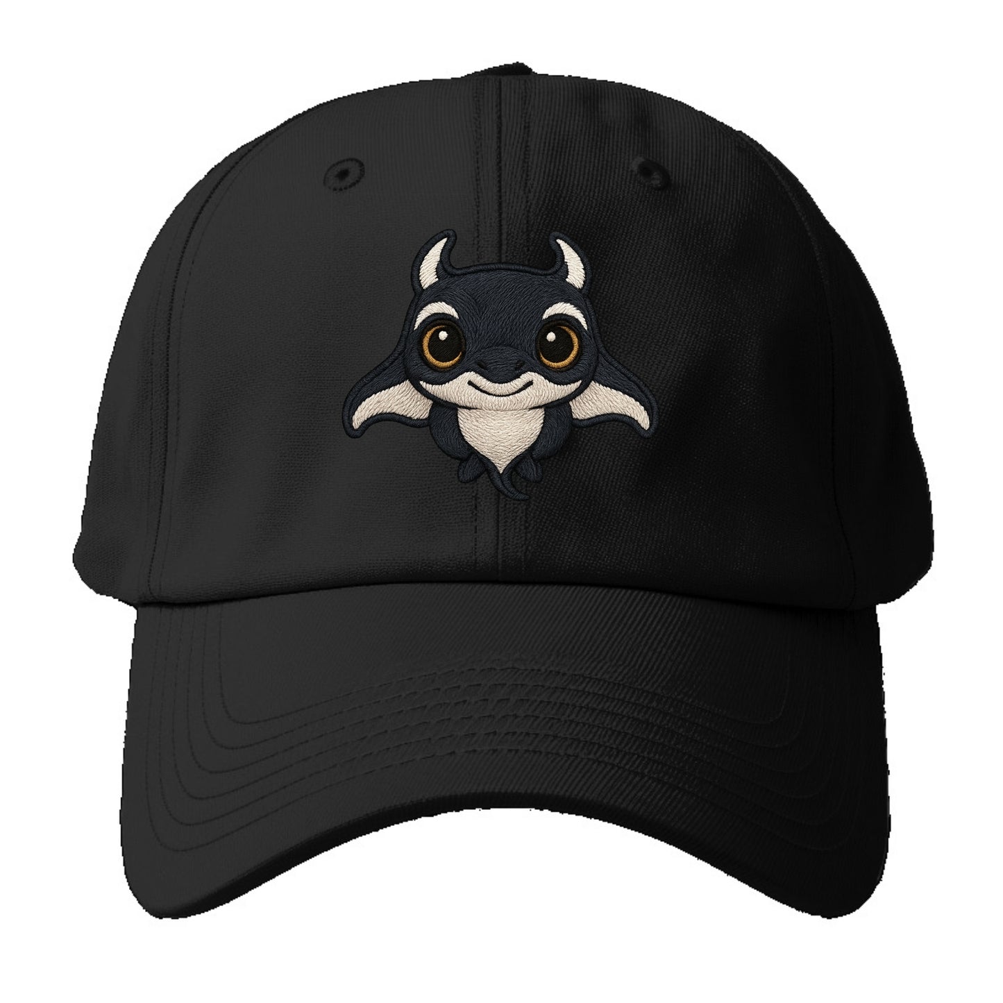 Baby Manta Ray - dark with white markings, cephalic fins, gentle eyes, front-facing, - Baseball Cap - Black
