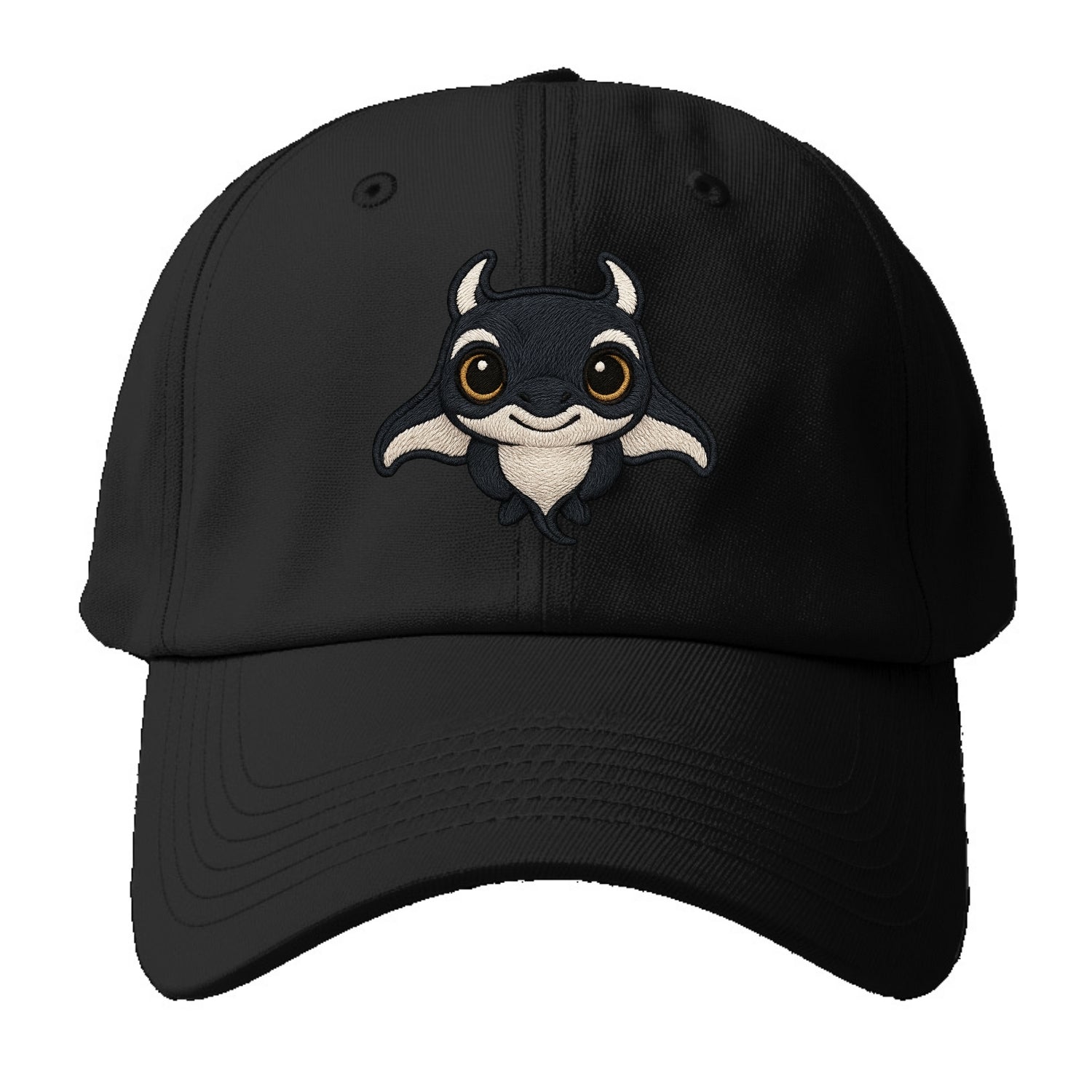 Baby Manta Ray - dark with white markings, cephalic fins, gentle eyes, front-facing, - Baseball Cap - Black