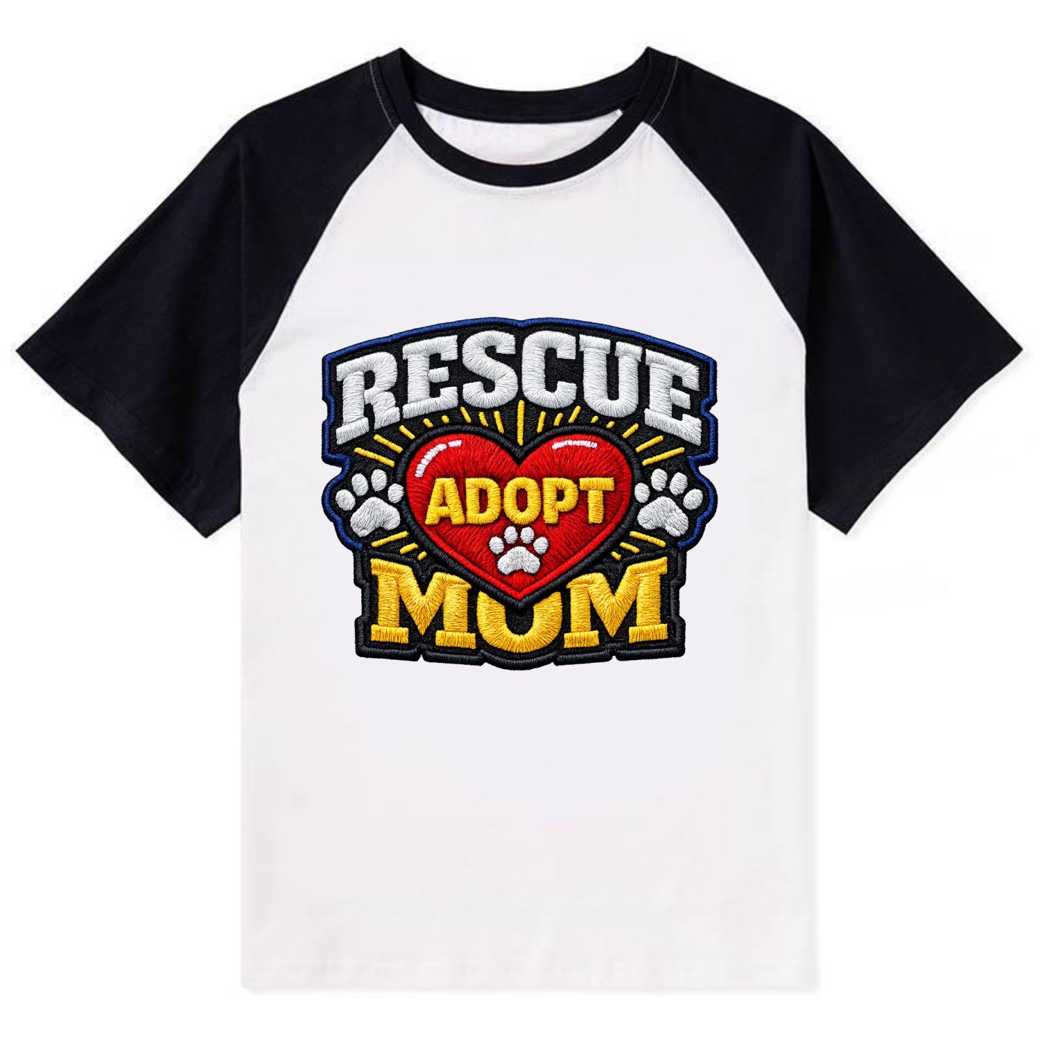 RESCUE MOM - heart with ADOPT text in red , shelter advocate - Contrast Raglan T-shirt - Black