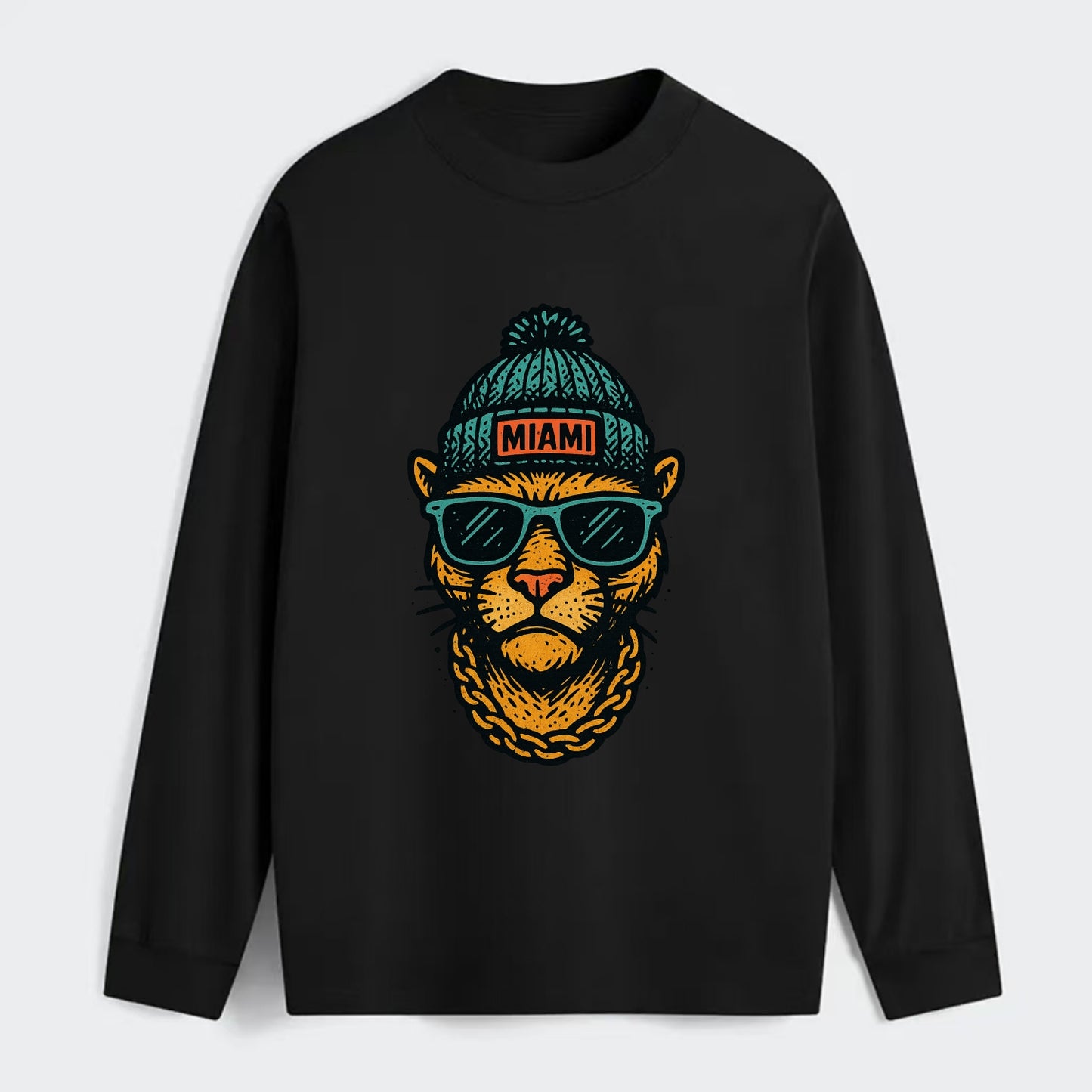 Florida Panther wearing Miami beanie with pom pom and wayfarer - Classic Long Sleeve Shirt - Black
