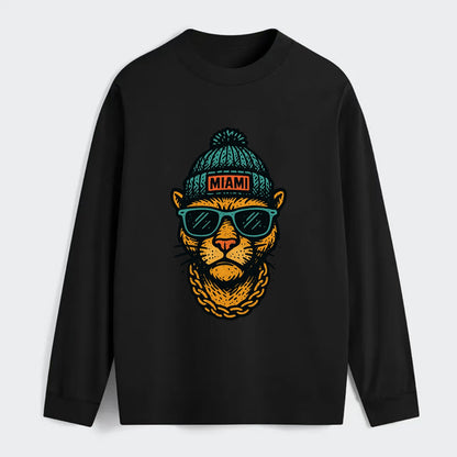 Florida Panther wearing Miami beanie with pom pom and wayfarer - Classic Long Sleeve Shirt - Black