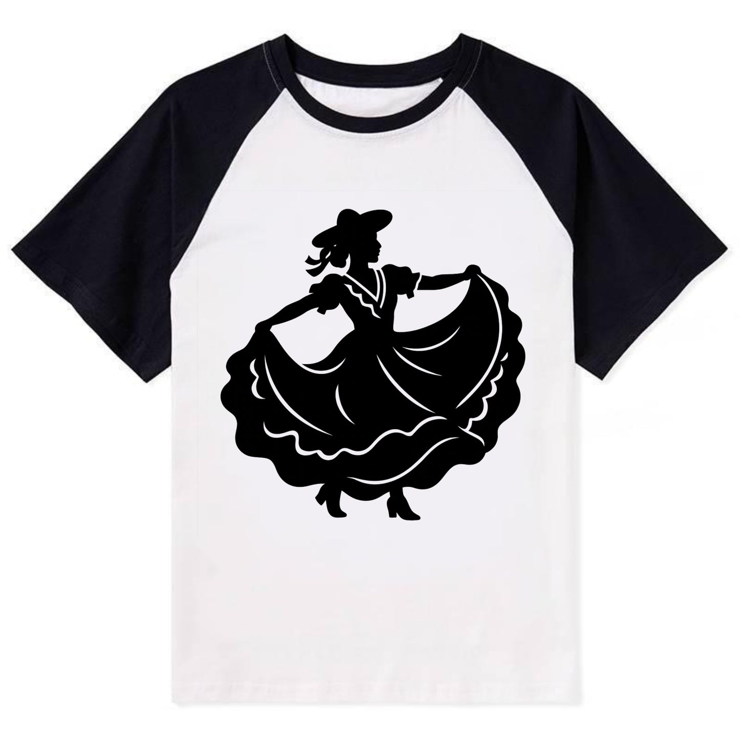 Mexican folk dancer twirling skirt - Contrast Raglan T-shirt - Black