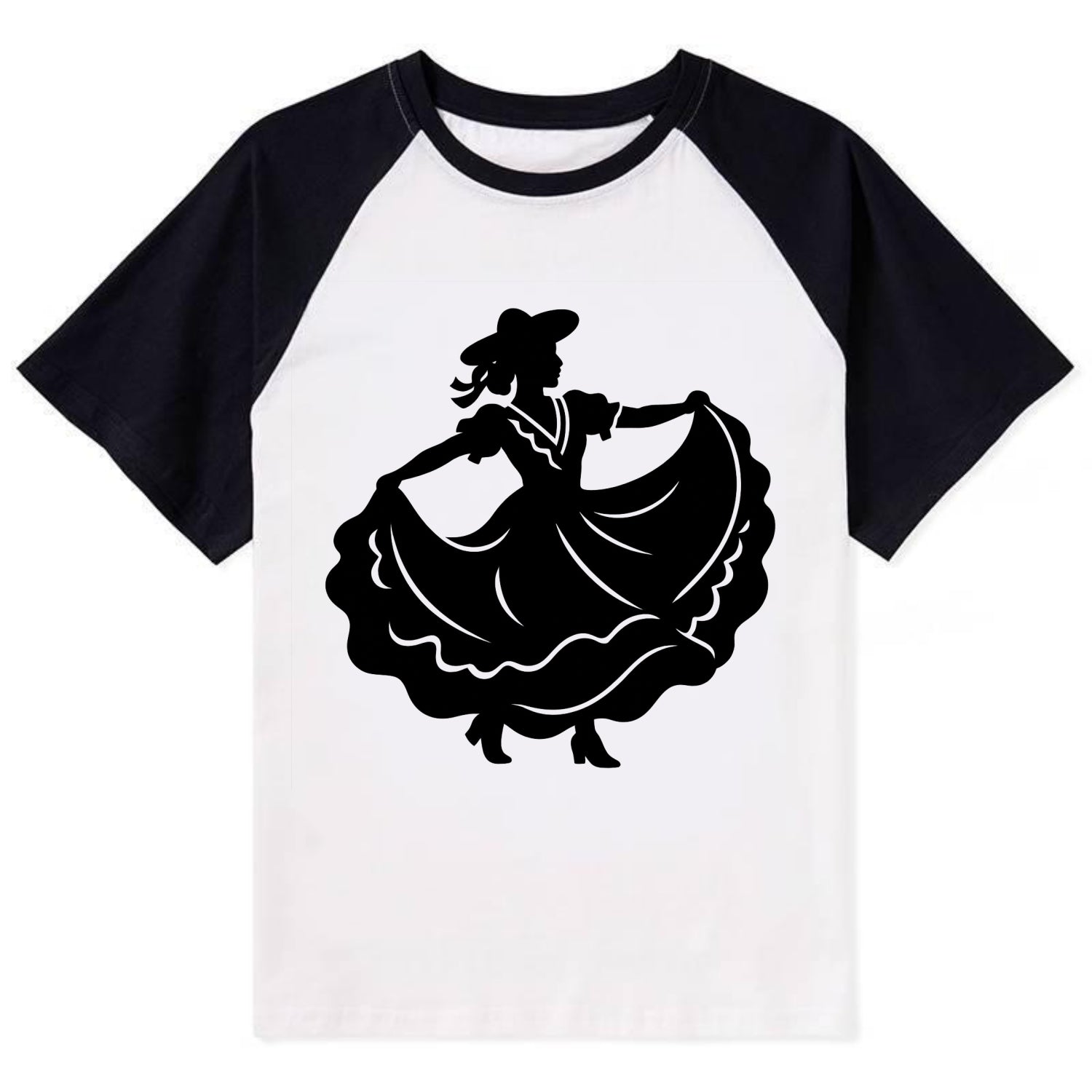 Mexican folk dancer twirling skirt - Contrast Raglan T-shirt - Black