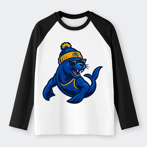 Bay Area Sea Lion wearing Warriors blue and gold beanie with Golden - Raglan Long Sleeve T-Shirt