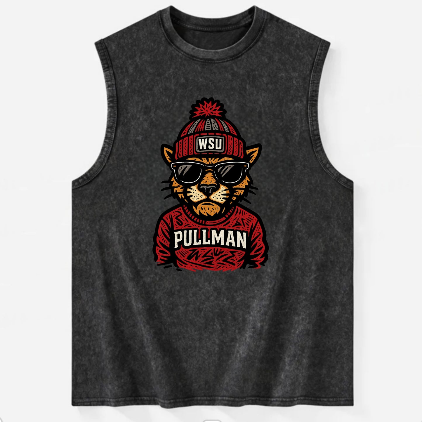 Pullman Cougar wearing Washington State beanie with WSU patch - Vintage Washed Tank - Black
