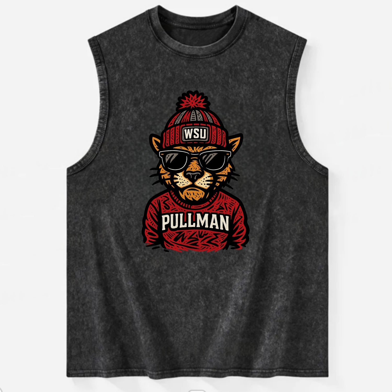 Pullman Cougar wearing Washington State beanie with WSU patch - Vintage Washed Tank - Black
