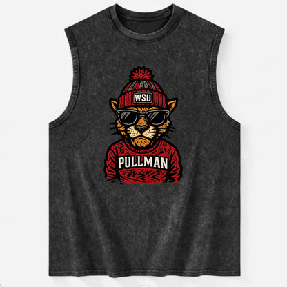 Pullman Cougar wearing Washington State beanie with WSU patch - Vintage Washed Tank - Black
