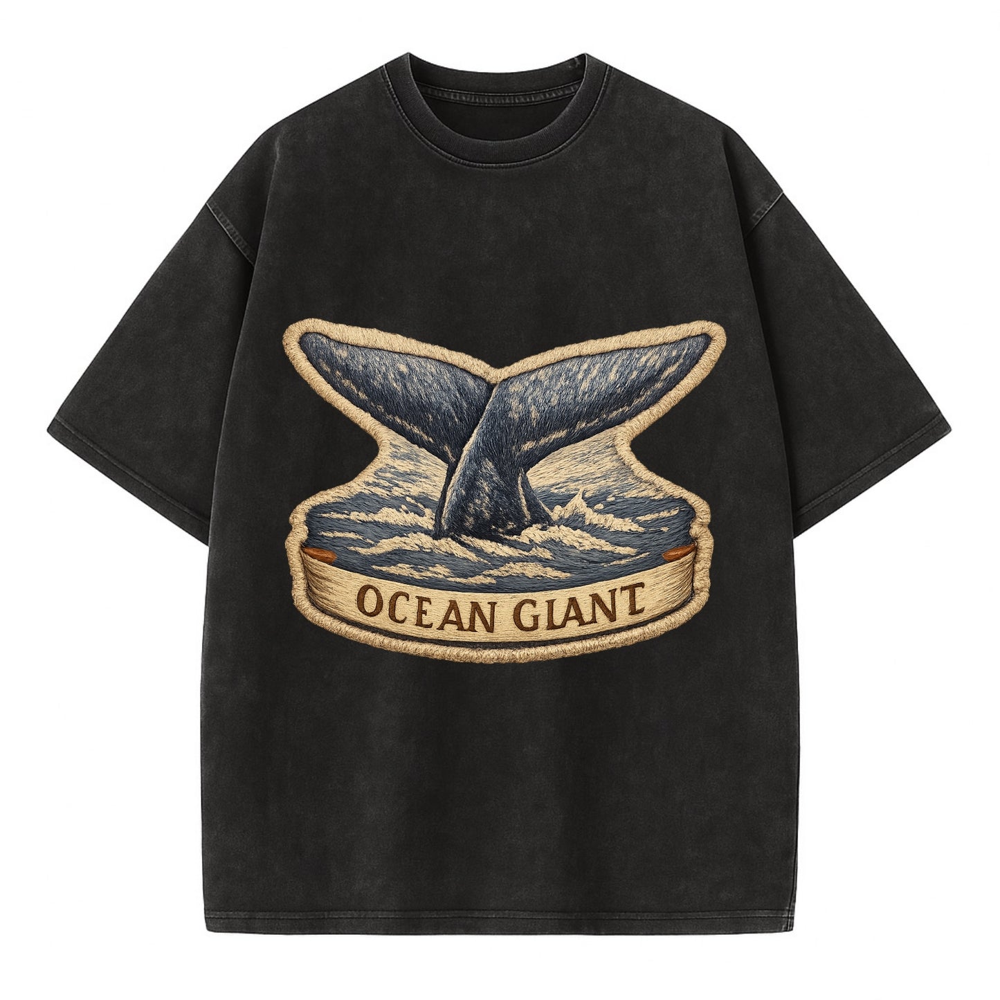 WHALE TAIL - diving whale in blue and gray , ocean giant - Vintage T-shirt - Black