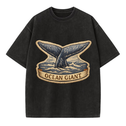 WHALE TAIL - diving whale in blue and gray , ocean giant - Vintage T-shirt - Black