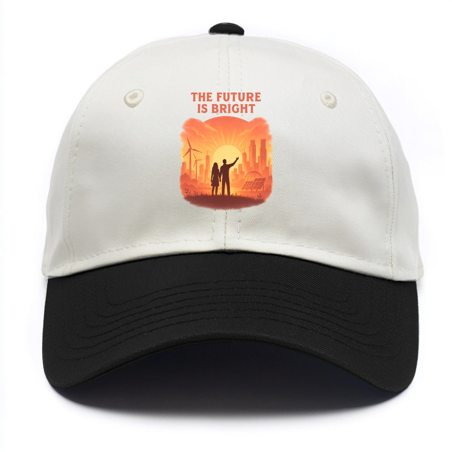 Sunrise over thriving sustainable city - "The Future is Bright" - optimistic vision - Two Tone Cap - Black