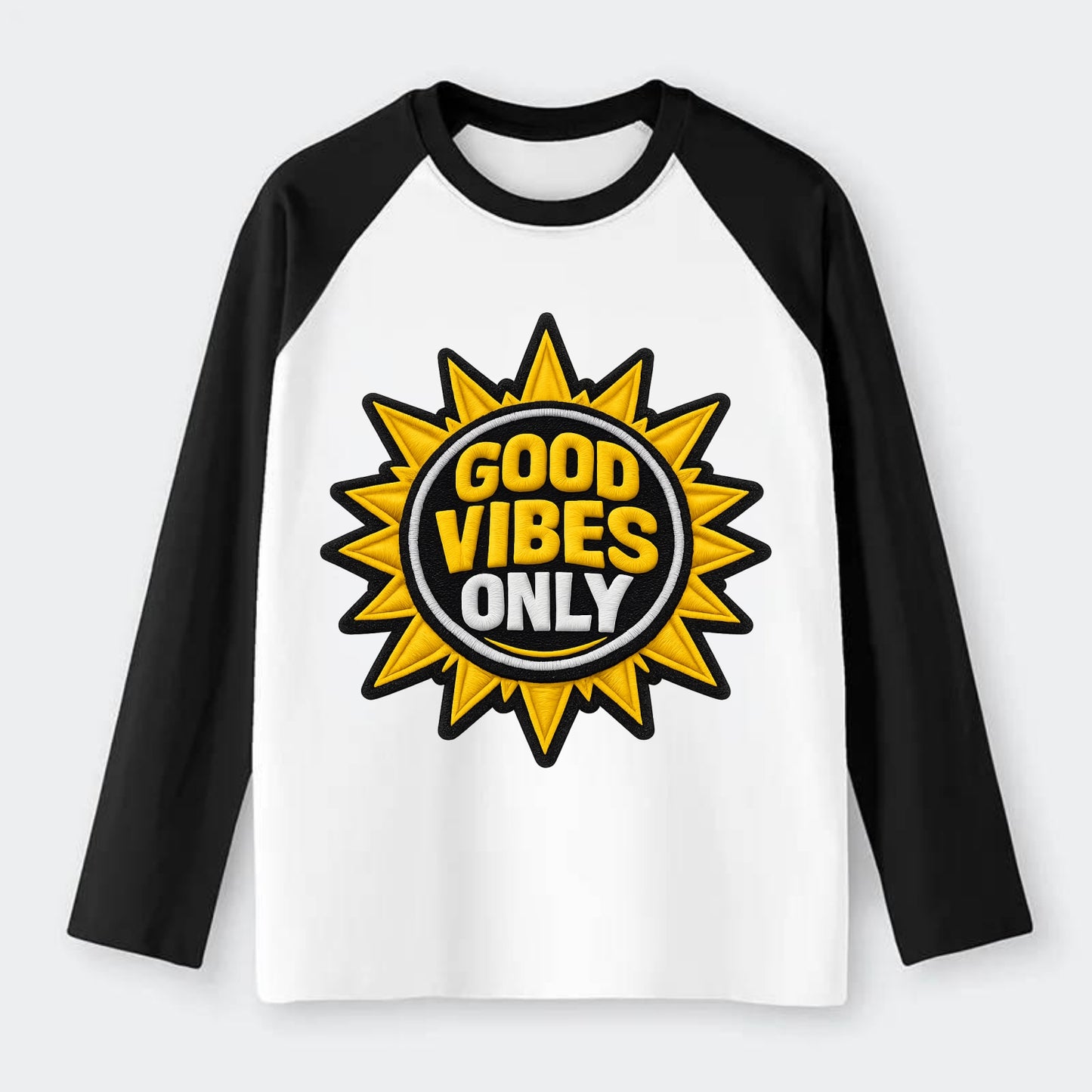 GOOD VIBES ONLY - sun with text in yellow , positive energy - Raglan Long Sleeve T-Shirt - Black