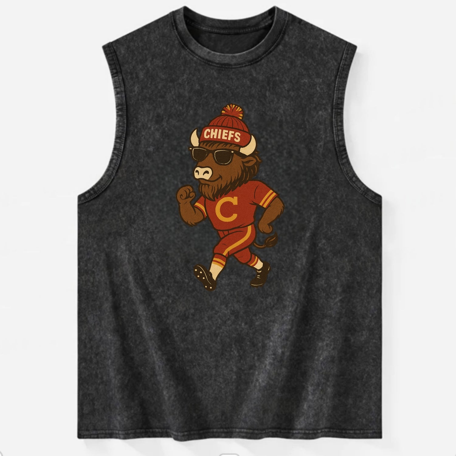 KC Bison wearing Chiefs beanie with arrowhead patch and wayfarer sunglasses - Vintage Washed Tank - Black