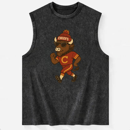 KC Bison wearing Chiefs beanie with arrowhead patch and wayfarer sunglasses - Vintage Washed Tank - Black
