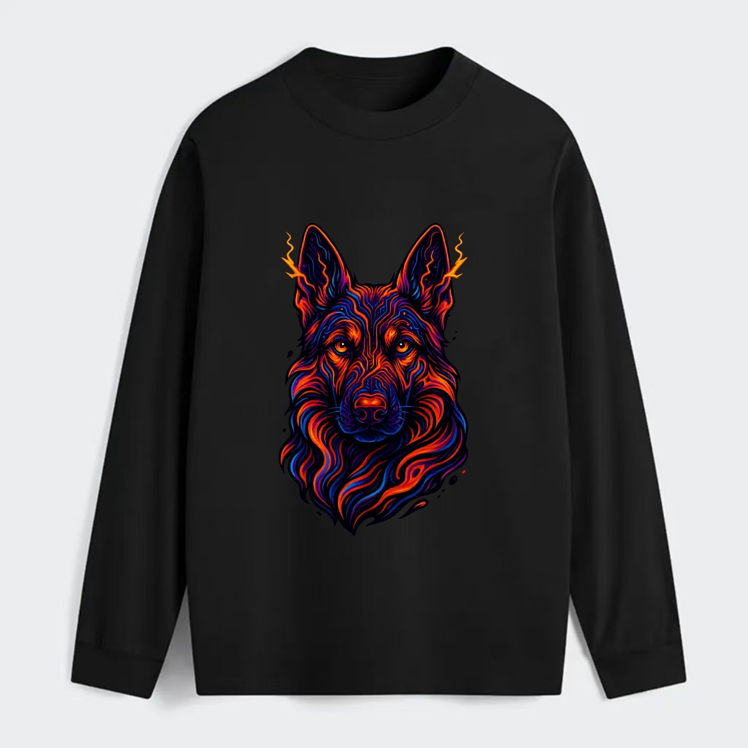 Alert German Shepherd with cyber circuit patterns in the fur, neon - Classic Long Sleeve Shirt - Black