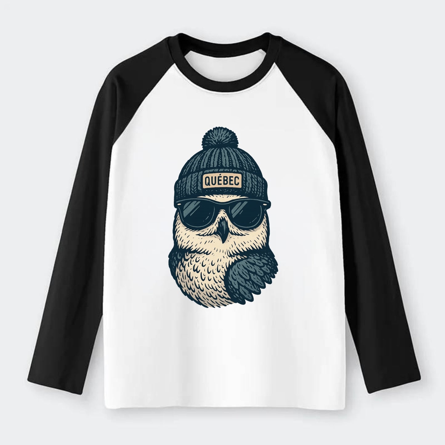 Quebec City Snowy Owl wearing Quebec bea - Raglan Long Sleeve T-Shirt - Black