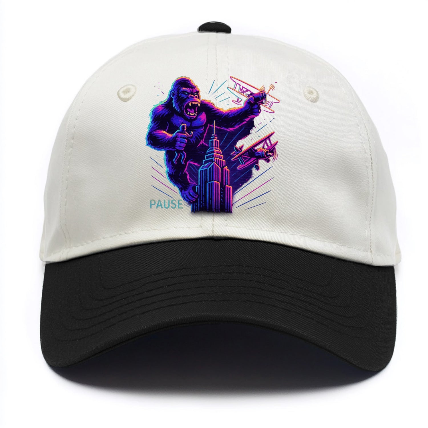 giant gorilla on top of skyscraper holding small figure, swatting planes - Two Tone Cap - Black