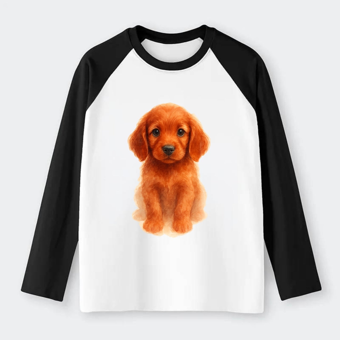 Baby Irish Setter Puppy - mahogany red coat, feathered ears, friendly - Raglan Long Sleeve T-Shirt - Black
