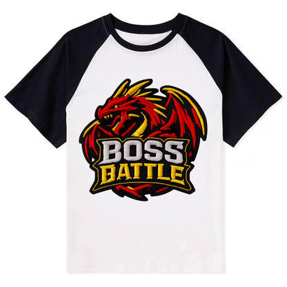 BOSS BATTLE - dragon silhouette in red and gold , raid - Contrast Raglan T-shirt - Black