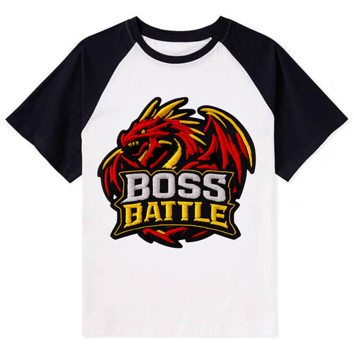 BOSS BATTLE - dragon silhouette in red and gold , raid - Contrast Raglan T-shirt