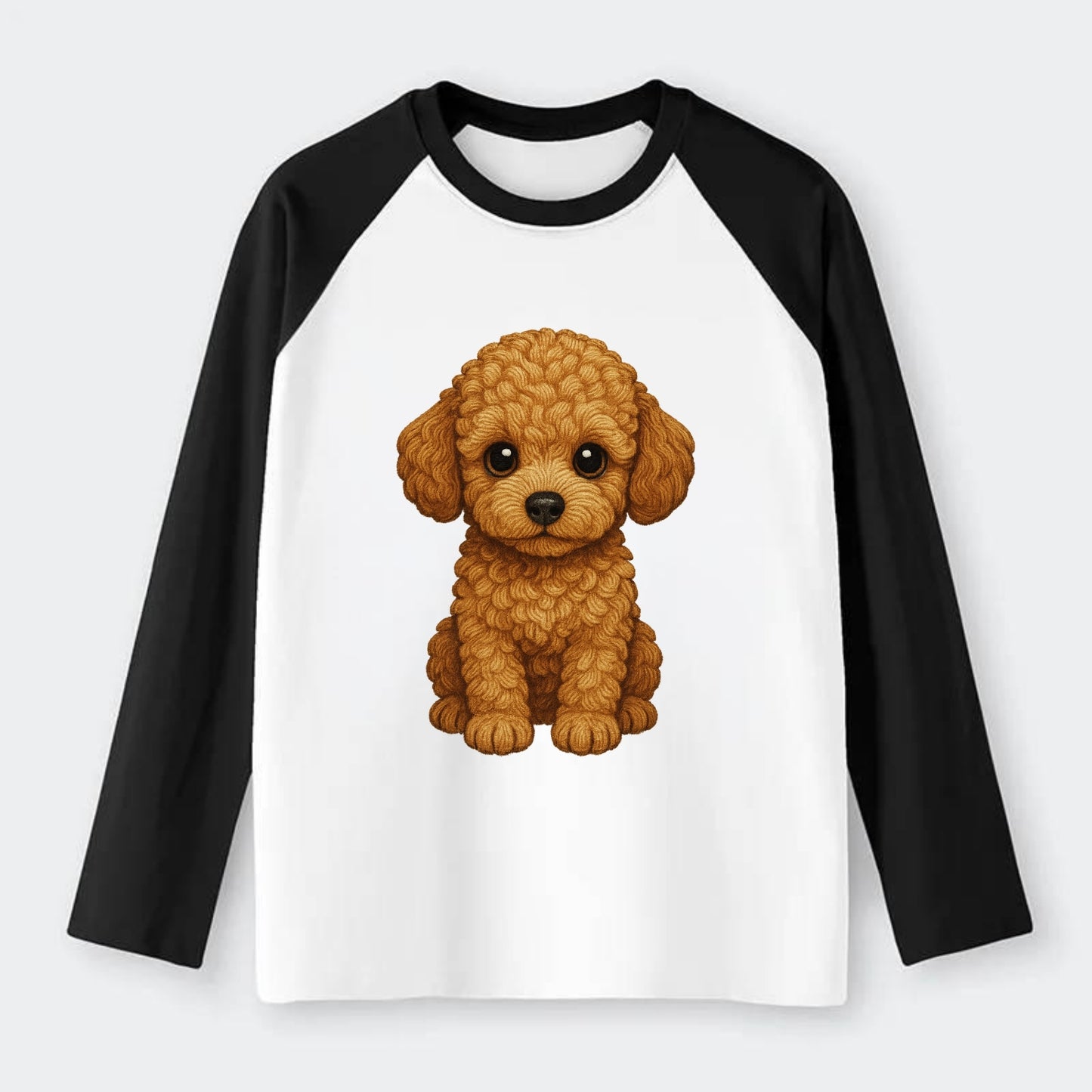 Baby Poodle Puppy - curly fluffy coat, intelligent eyes, elegant - Raglan Long Sleeve T-Shirt - Black