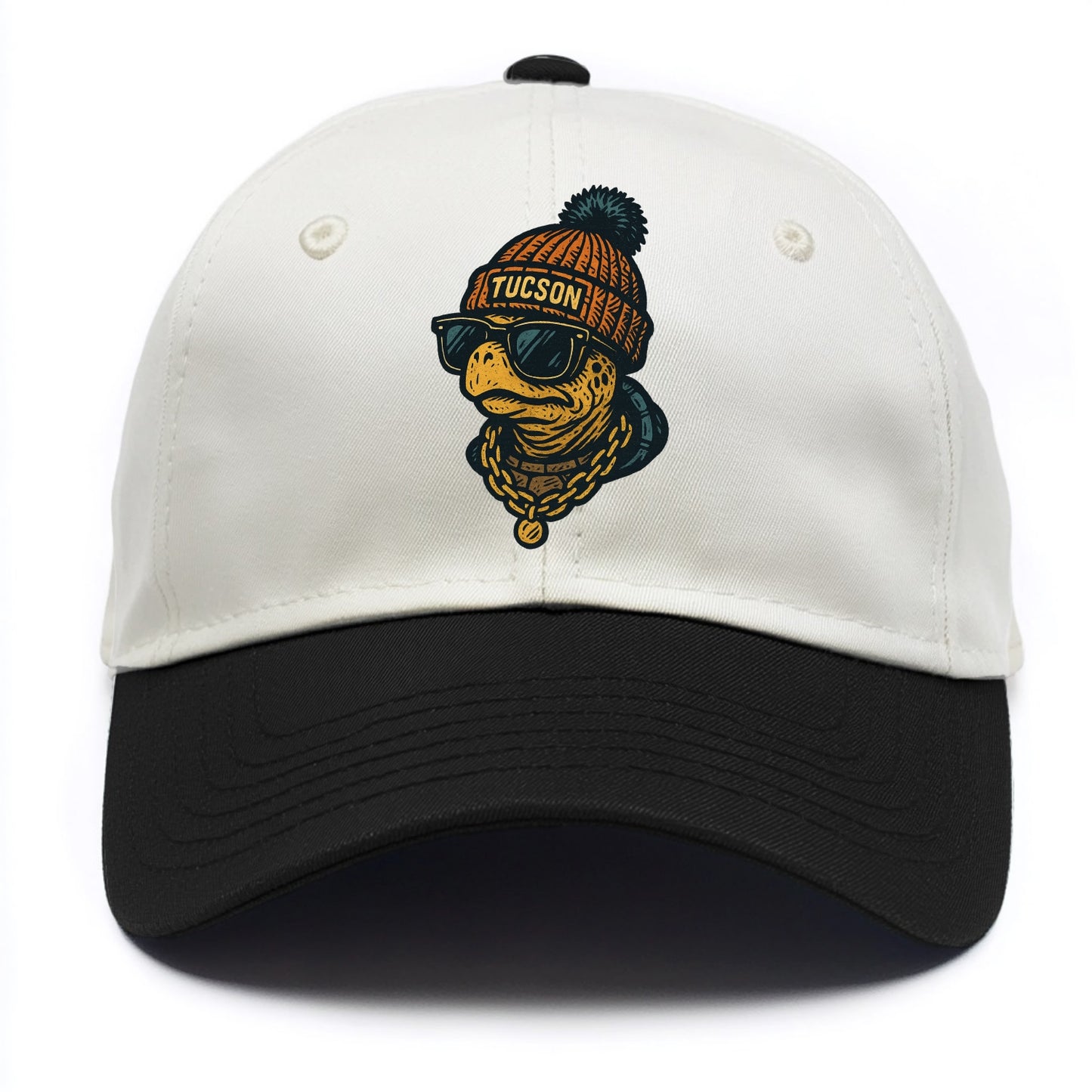 Tucson Desert Tortoise wearing Tucson beanie with pom pom and wayfarer sunglasses - Two Tone Cap - Black
