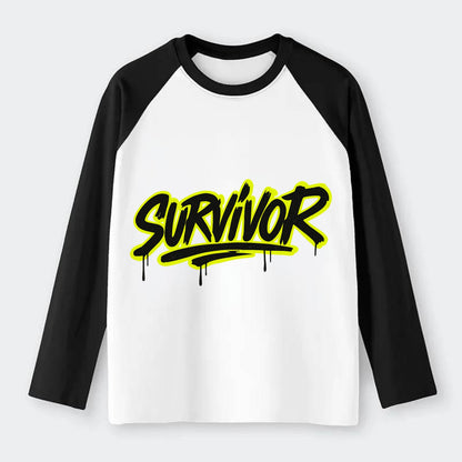 Bold typography design - "SURVIVOR" - overcomer, still standing, made - Raglan Long Sleeve T-Shirt - Black
