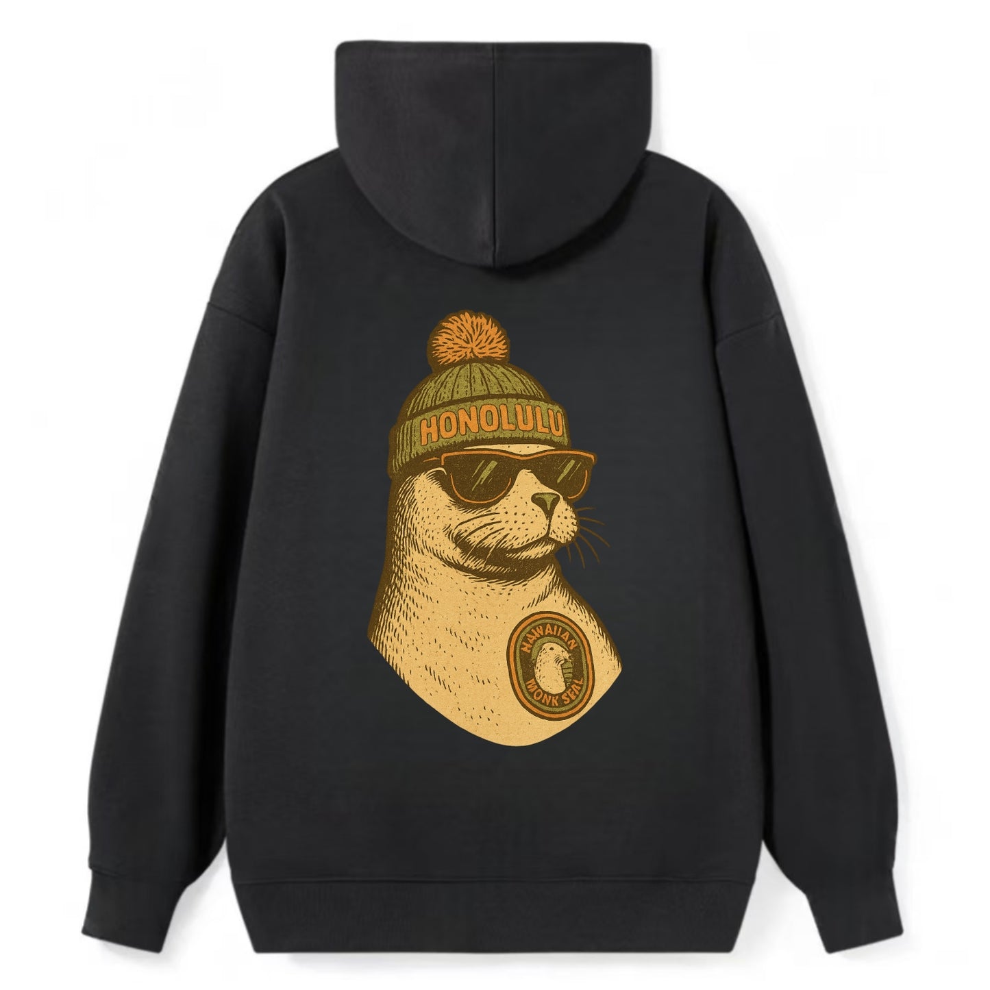 Hawaii Monk Seal wearing Honolulu beanie with pom pom and wayfarer - Classic Pullover Hoodie - Black