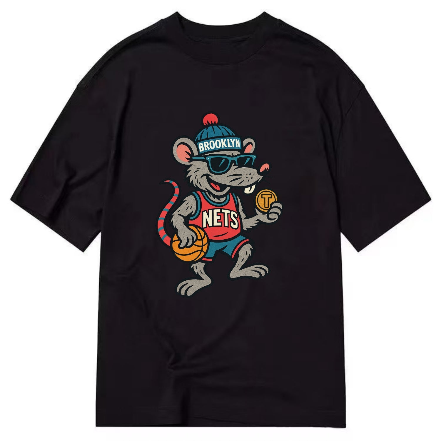 Brooklyn Rat wearing Nets beanie with subway token and wayfarer sunglasses - Classic T-shirt - Black