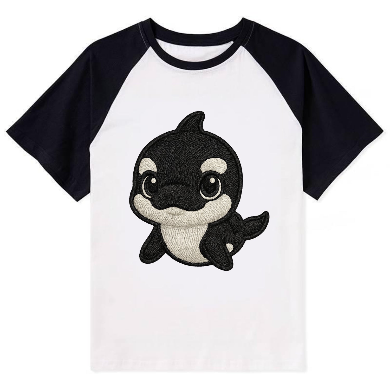 Baby Orca - black and white pattern, white eye patch, front-facing, - Contrast Raglan T-shirt - Black