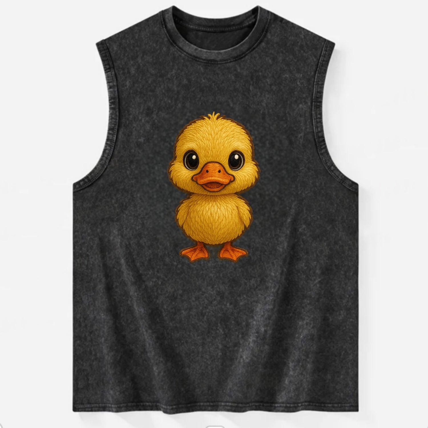 Baby Duck Duckling - yellow fluffy, orange beak, bright eyes, front-facing, - Vintage Washed Tank - Black