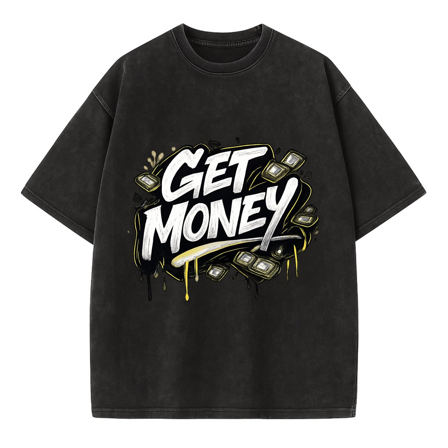 Bold typography design - "GET MONEY" - pursuit of wealth, earning - Vintage T-shirt - Black