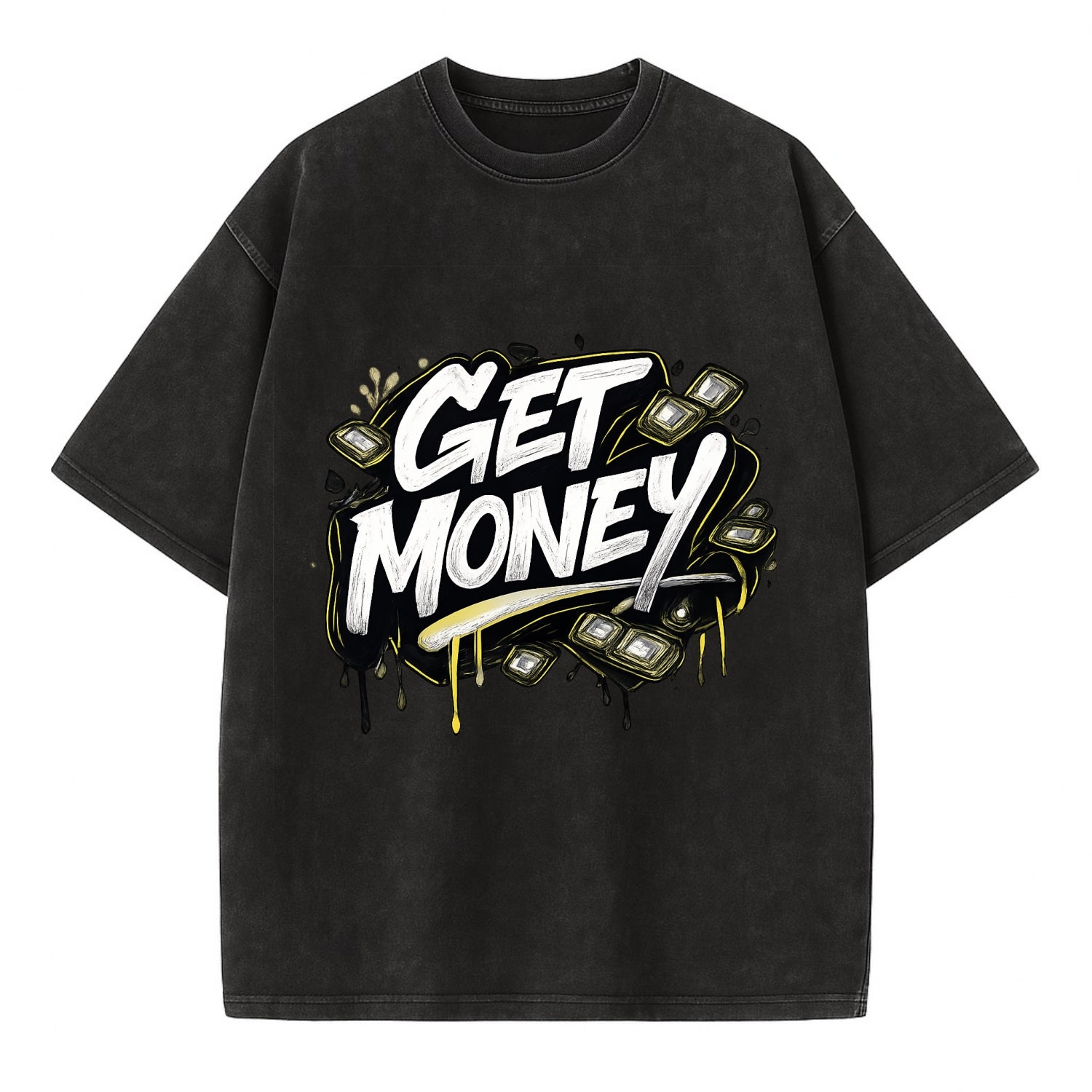Bold typography design - "GET MONEY" - pursuit of wealth, earning - Vintage T-shirt - Black