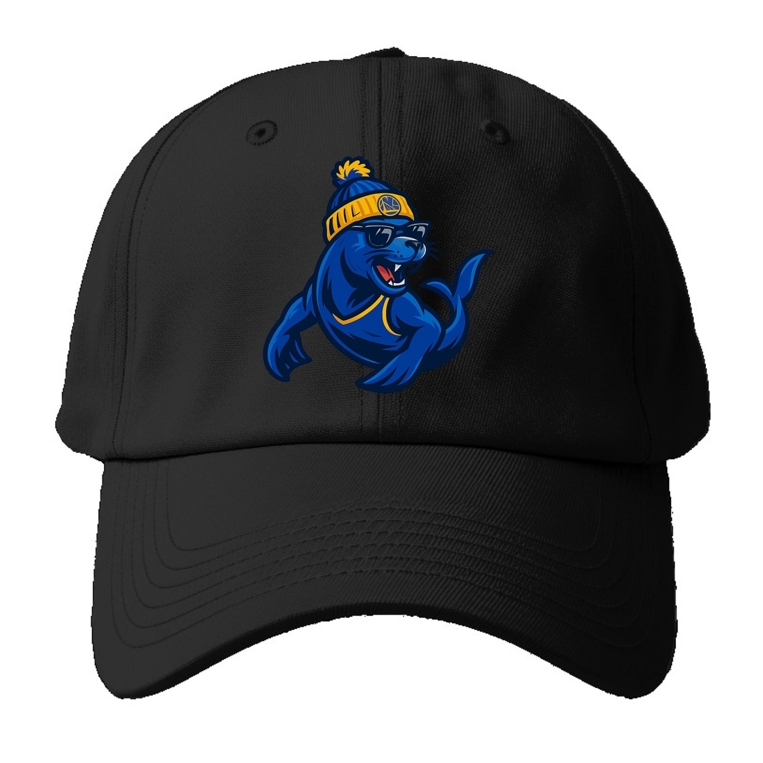 Bay Area Sea Lion wearing Warriors blue and gold beanie with Golden - Baseball Cap For Big Heads - Black