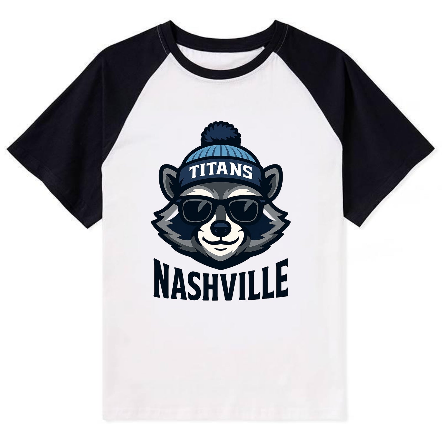 Nashville Raccoon wearing Titans navy and light blue beanie with pom pom - Contrast Raglan T-shirt - Black