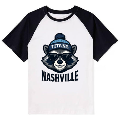 Nashville Raccoon wearing Titans navy and light blue beanie with pom pom - Contrast Raglan T-shirt - Black