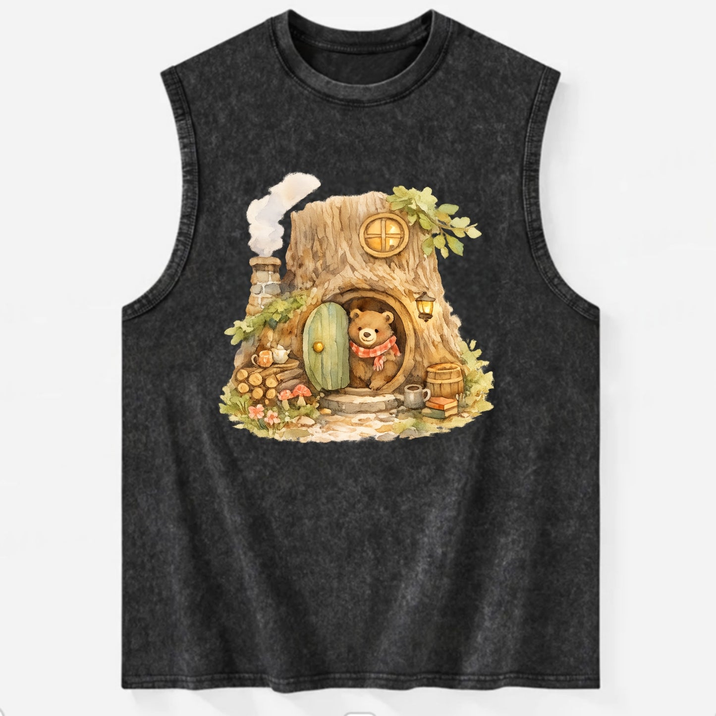 TREE HOME | Bear's home in hollow tree | Round door | Chimney smoke | - Vintage Washed Tank - Black