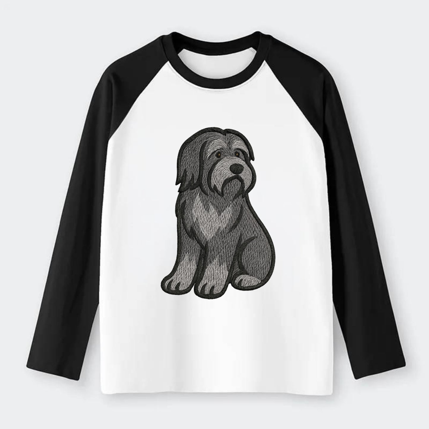 Bearded Collie - Gray shaggy coat embroidered pose - Raglan Long Sleeve T-Shirt - Black